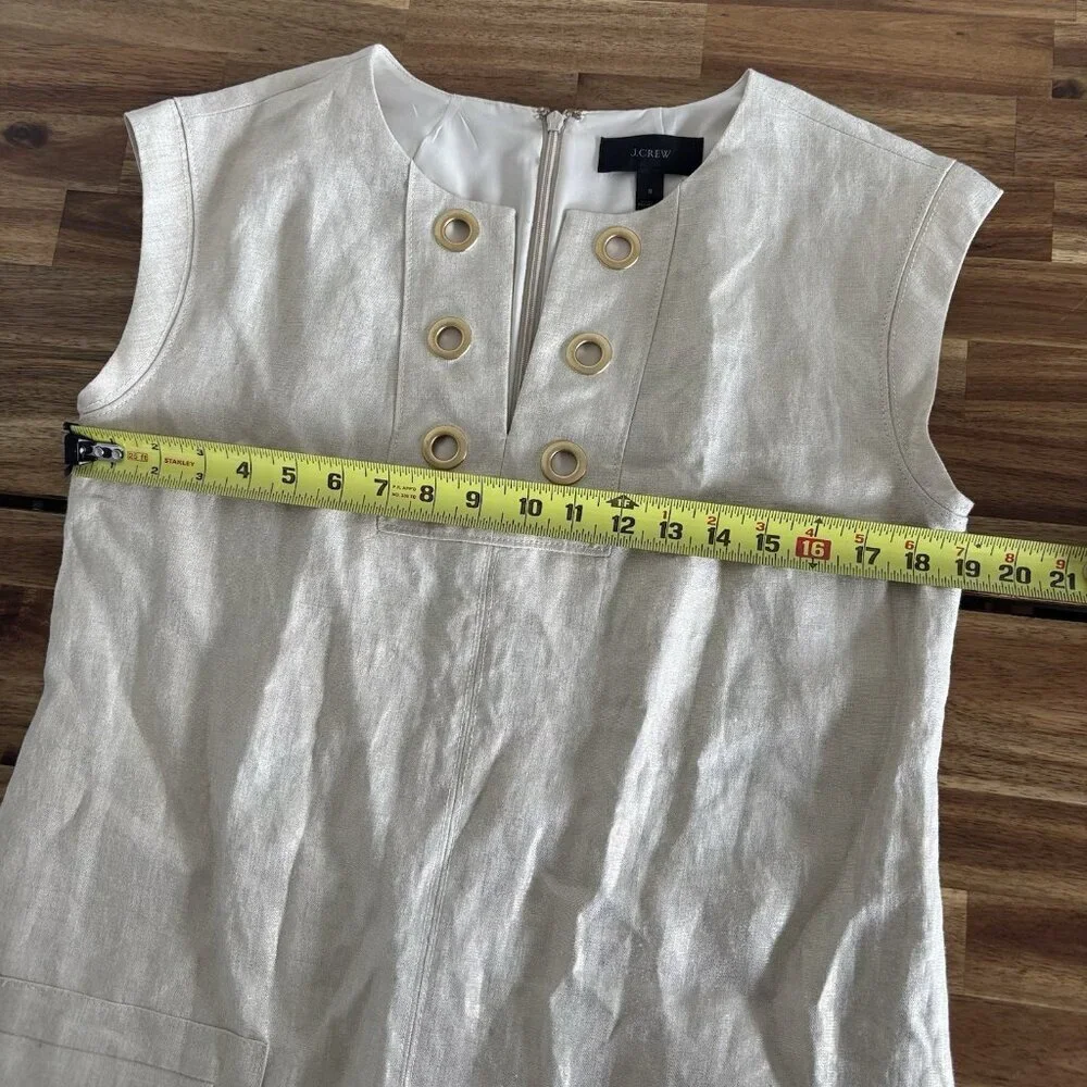 J. Crew Womens Linen Shift Dress‎ Size 8 Ivory/Gold Tone Career Office Preppy